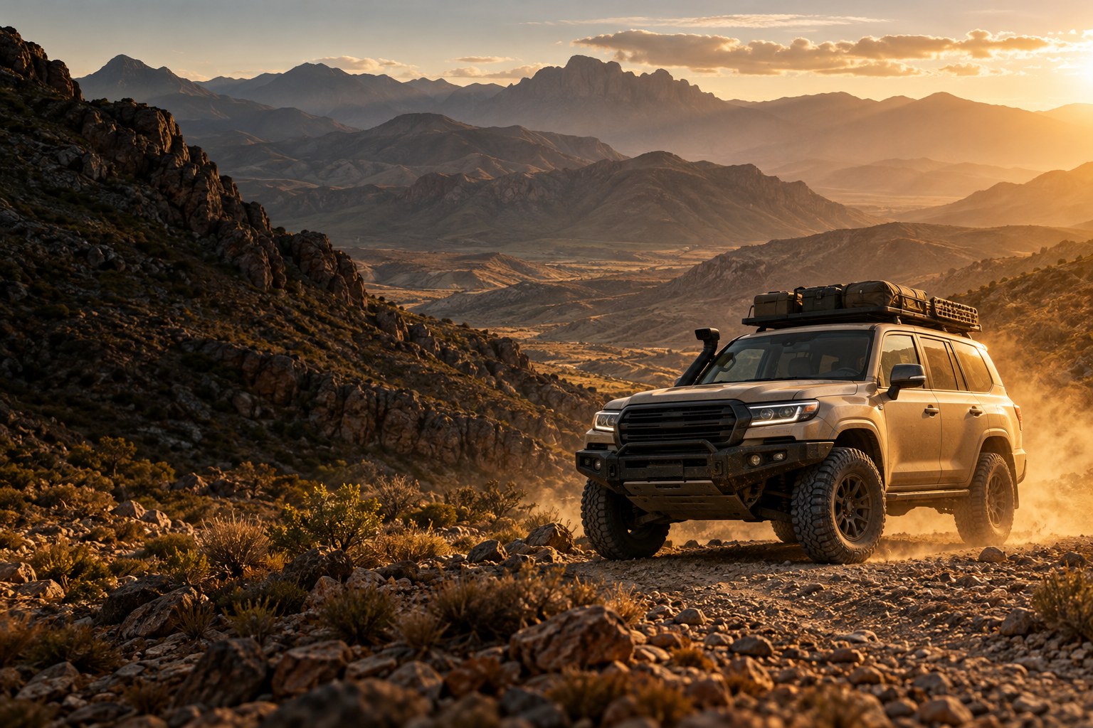 An expedition 4x4 on a dusty mountain track in golden afternoon light